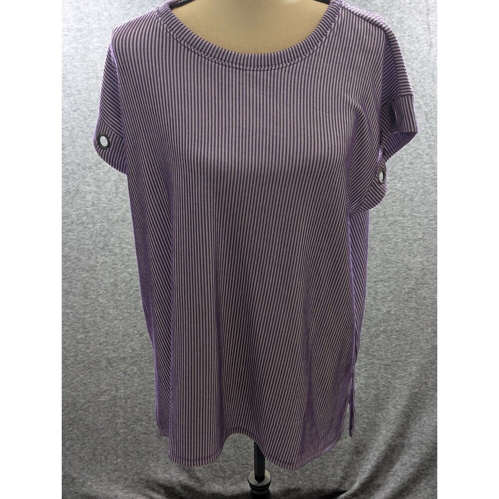 CATO Women's Shirt Gray with Purple Stripe and Gromet Sleeve Detail Size XL